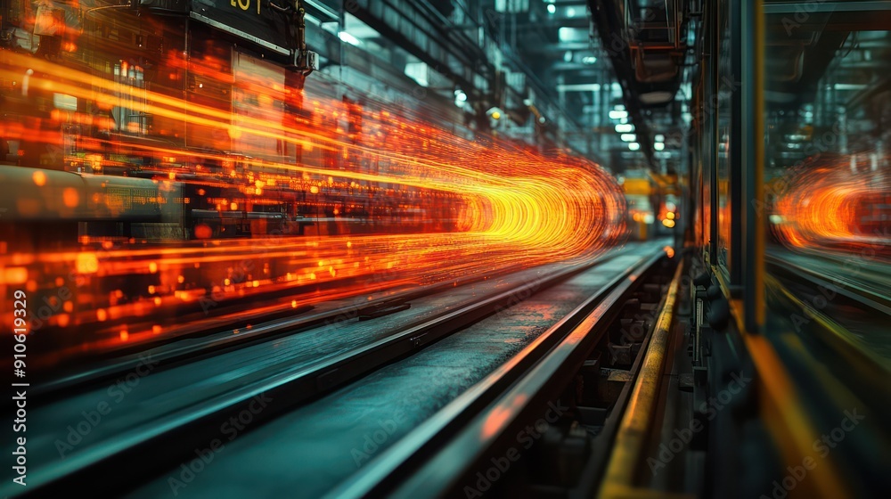 A train is shown in motion with a bright orange line trailing it A train is shown in motion with a bright orange line trailing it