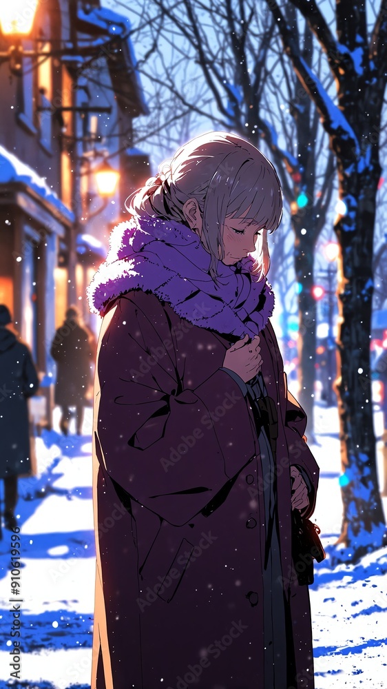 anime grandmother in purple winter coat character illustration cartoon design anime grandmother in purple winter coat character illustration cartoon design