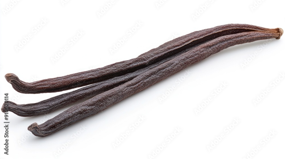 Three Dried Vanilla Beans on White Background Three Dried Vanilla Beans on White Background