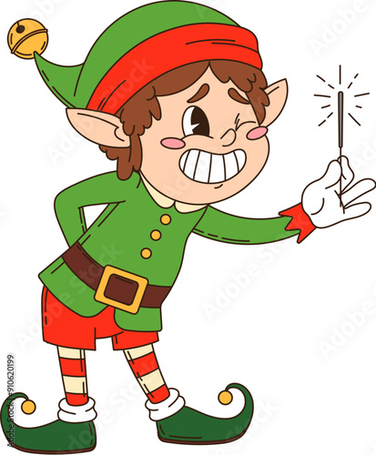 Retro groovy Christmas elf character. Isolated cartoon vector cheerful magical gnome, santa helper xmas personage wearing green and red outfit with a jingle bell hat, smiling and holding a sparkler