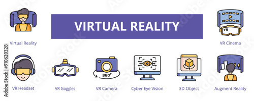 Virtual Reality Lineal Color Banner Web Icon Set Vector Illustration, Virtual Reality VR Headset Goggles Camera Cyber Eye Vision 3d Object Augmented Reality Cinema