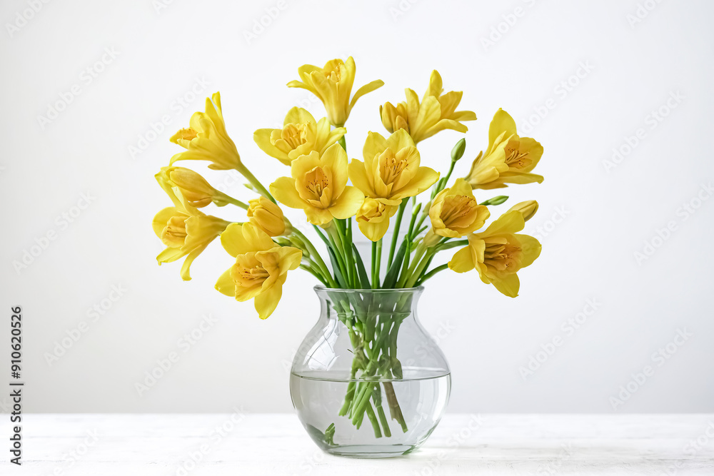 Yellow Alstroemeria Flowers in Vase on White Table Yellow Alstroemeria Flowers in Vase on White Table
