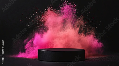 Wallpaper Mural Sleek black podium platform mockup for product display, featuring a colored powder explosion. Torontodigital.ca