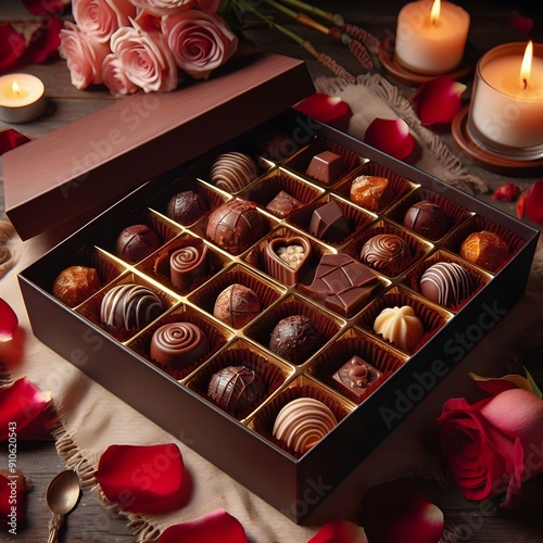 Valentine's Day anniversary chocolates packed in a square gift box. Sweet dessert. A gift for lovers. generative AI