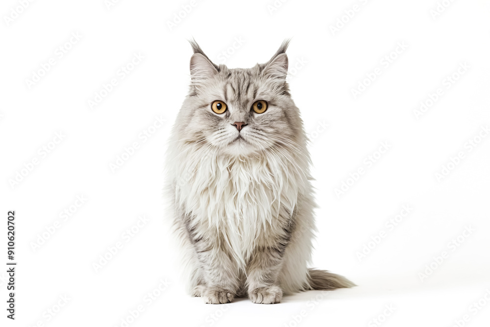 Obraz premium Fluffy Cat Sitting on White Background