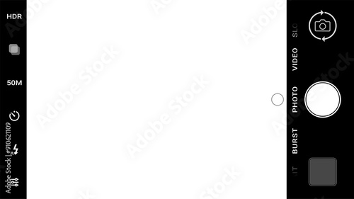 Horizontal phone camera photo screen capture overlay on transparent background, smartphone cam shutter taking shot frame design template, digital mobile photography mode display interface mockup