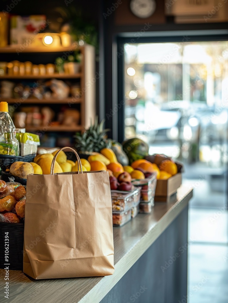 A grocery store with brown paper bag of groceries on the counter, and colorful fruits inside. shelves filled with various food items. A grocery store with brown paper bag of groceries on the counter, and colorful fruits inside. shelves filled with various food items.