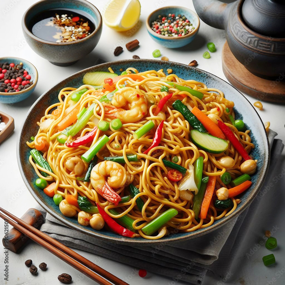 Delicious chow mein chinese stir fried noodles isolated. Ai generative Delicious chow mein chinese stir fried noodles isolated. Ai generative