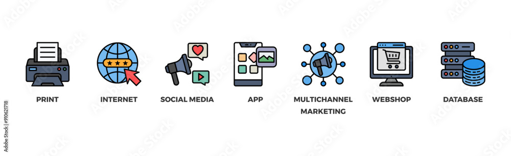 Cross-media banner web icon illustration concept with icon of print, internet, social media, app, multichannel marketing, webshop and database Cross-media banner web icon illustration concept with icon of print, internet, social media, app, multichannel marketing, webshop and database