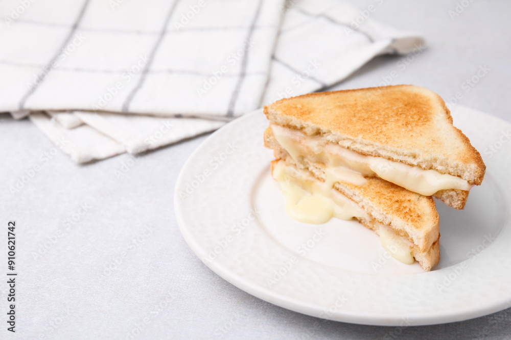 Pieces of toasted bread with melted cheese on light table. Space for text Pieces of toasted bread with melted cheese on light table. Space for text