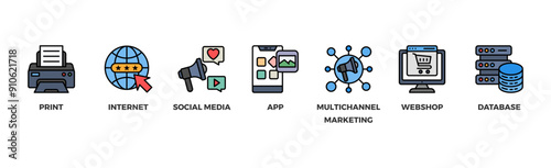Cross-media banner web icon illustration concept with icon of print, internet, social media, app, multichannel marketing, webshop and database	