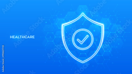 Protection shield with Check mark icon. Healthcare, Medical services. Life insurance symbol. Virus protection. Health care, Medicine. Blue medical background with hexagons. Vector illustration.