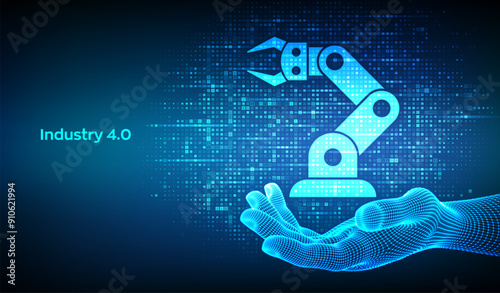 Smart Industry 4.0 icon made with binary code in wireframe hand. Factory automation. Autonomous industrial technology. Industrial revolutions steps. Matrix background with digits 1.0. Vector.