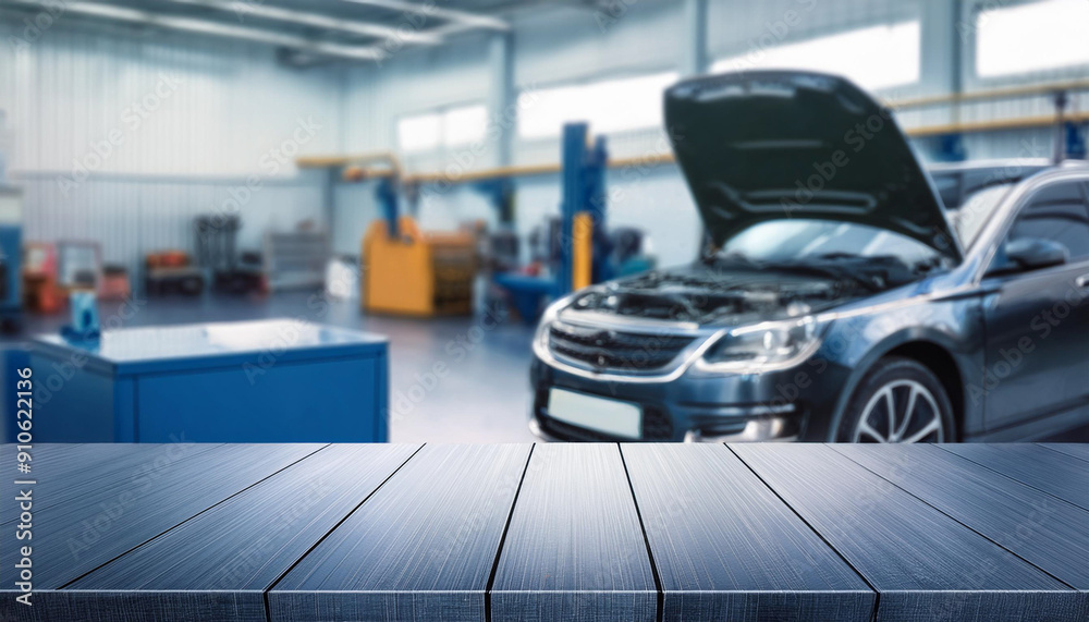 Empty wood table top with car service centre auto repair workshop blurred background Empty wood table top with car service centre auto repair workshop blurred background