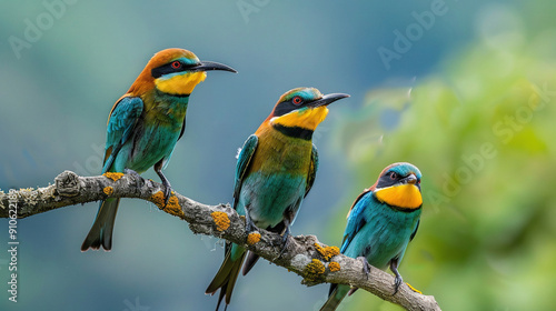 beautiful colored birds perching on tree branches