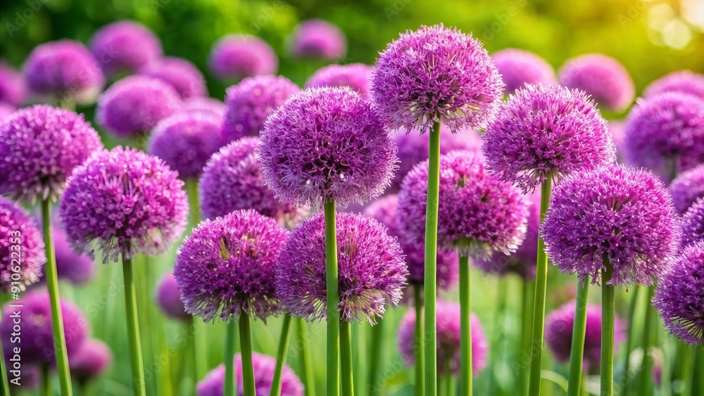 Vibrant rosy purple flower clusters bloom on strong stems amidst a compact clump of glossy green leaves in this ornamental onion perennial plant. Vibrant rosy purple flower clusters bloom on strong stems amidst a compact clump of glossy green leaves in this ornamental onion perennial plant.