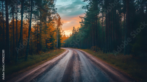 Pine forest road at twilight, sky painted with colors of the setting sun