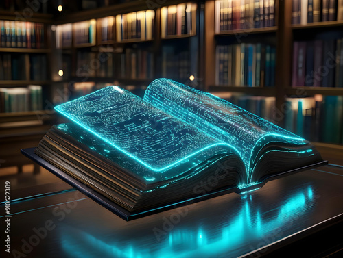 A futuristic book with glowing pages and interactive content, set in a modern, high-tech library