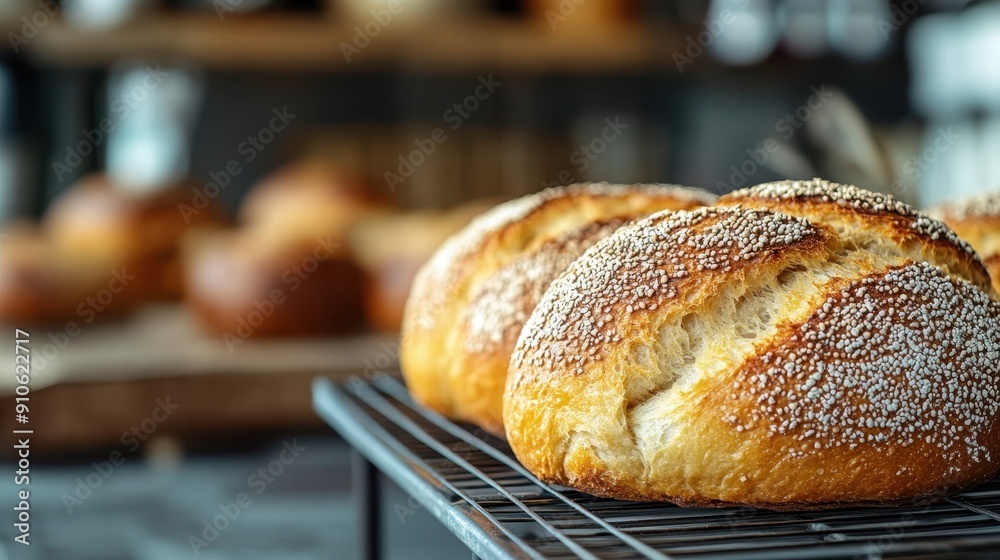 Freshly baked golden brown loaves of bread cooling on a wire rack in a bakery, highlighting their soft texture and warm crust Freshly baked golden brown loaves of bread cooling on a wire rack in a bakery, highlighting their soft texture and warm crust