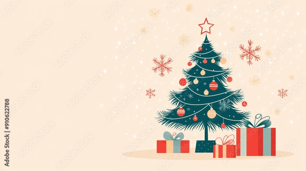 Christmas tree with presents under it, The tree is decorated with toys and a star on top. Cute Christmas card with space for text Christmas tree with presents under it, The tree is decorated with toys and a star on top. Cute Christmas card with space for text