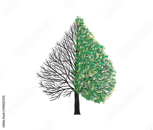 Vector illustration of a tree with half dead and withered, tree bark, drought vector.