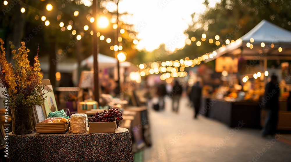 Obraz premium A bustling September art and craft fair featuring local artistsâ€™ work, handcrafted items, and colorful fall decorations