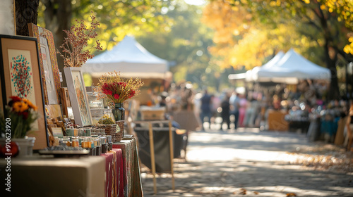 A bustling September art and craft fair featuring local artistsâ€™ work, handcrafted items, and colorful fall decorations