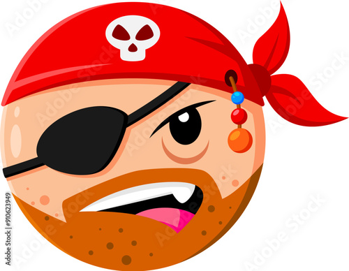 Halloween holiday cartoon pirate emoji character. Isolated vector angry rover sailor emoticon with beard, eyepatch, spooky grin, and red bandana with skull. Funny scare emotion for chats and messages