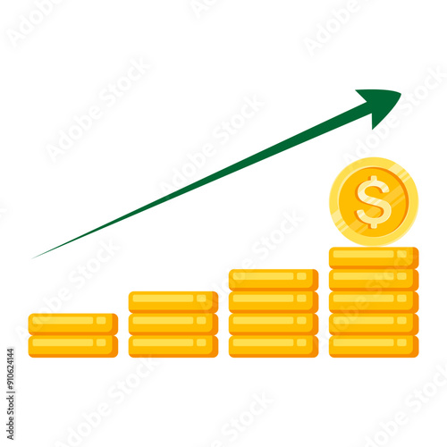 Stack of gold coins with growing up arrows on white background, representing successful financial investment, financial literacy and passive income, successful entrepreneurs and investors.