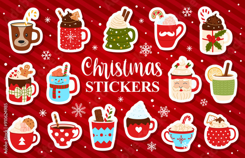 Stickers pack of Christmas eggnog cups, tea mugs, hot chocolate and mulled wine. Festive cozy winter beverages adorned with holiday motifs like snowflakes, santa faces, gingerbread people, and snowmen