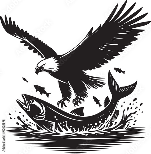eagle silhouette illustration, an eagle and fish in the water with a black and white background