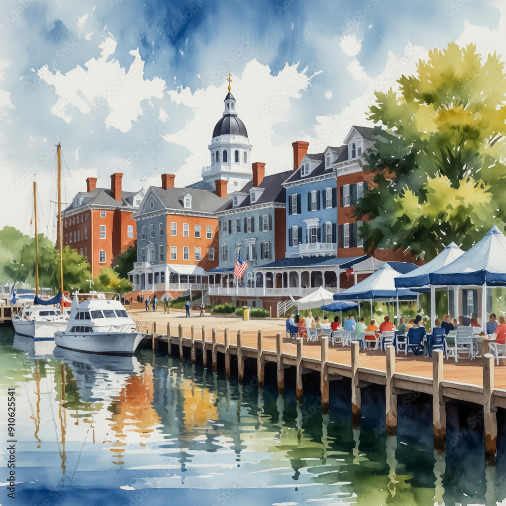 Fototapeta premium Watercolor illustration of the historic Annapolis Harbor in Annapolis, Maryland, is a charming and historically significant waterfront area that captures the essence of colonial America