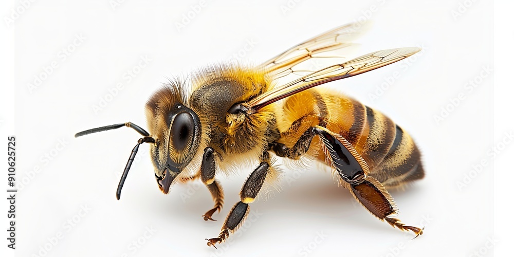 A close-up of a honeybee against a white background.