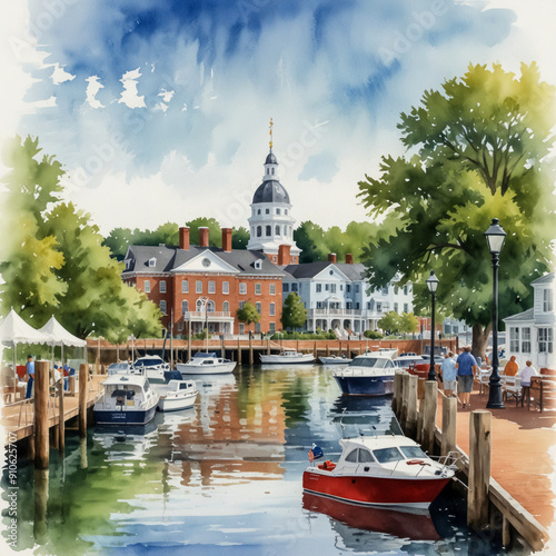 Watercolor illustration of the historic Annapolis Harbor in Annapolis, Maryland, is a charming and historically significant waterfront area that captures the essence of colonial America
