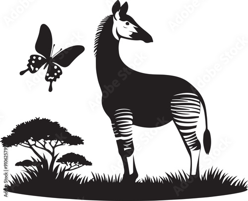 zebra and giraffe with butterfly in silhouette on a white background