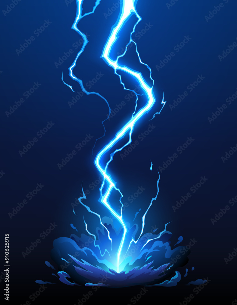 Cartoon thunder bolt, blue lightning effect. Dynamic thunderstorm attack hitting the ground with energy, creating an electrifying visual impact. Vector thunder charge or strike flash at night darkness