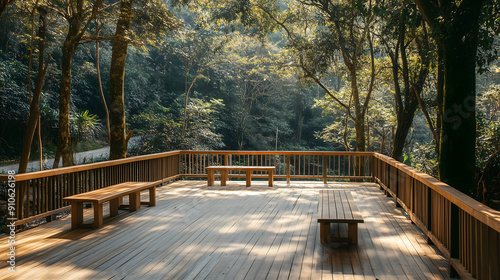 A rectangular wooden terrace with a fence and two benches for sitting, by the road on the edge of the forest