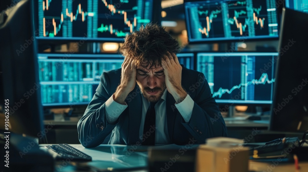 MAN IN SUIT stressed watching a screen with negative and red Bollinger bands. concept, financial crisis, black monday MAN IN SUIT stressed watching a screen with negative and red Bollinger bands. concept, financial crisis, black monday