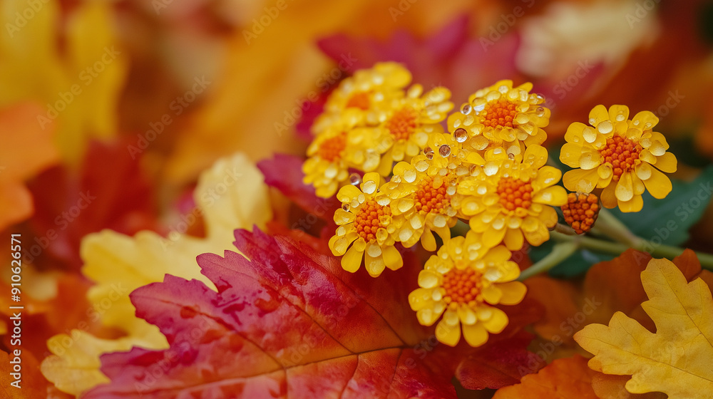 Autumn yarrow with clusters of vibrant yellow and red blooms, glowing softly in warm light Autumn yarrow with clusters of vibrant yellow and red blooms, glowing softly in warm light