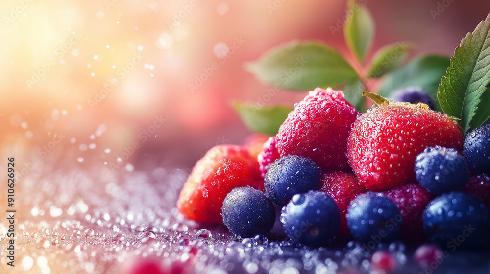 Fresh mixed berries with vibrant reds, blues, and purples, glowing softly in the warm afternoon light Fresh mixed berries with vibrant reds, blues, and purples, glowing softly in the warm afternoon light