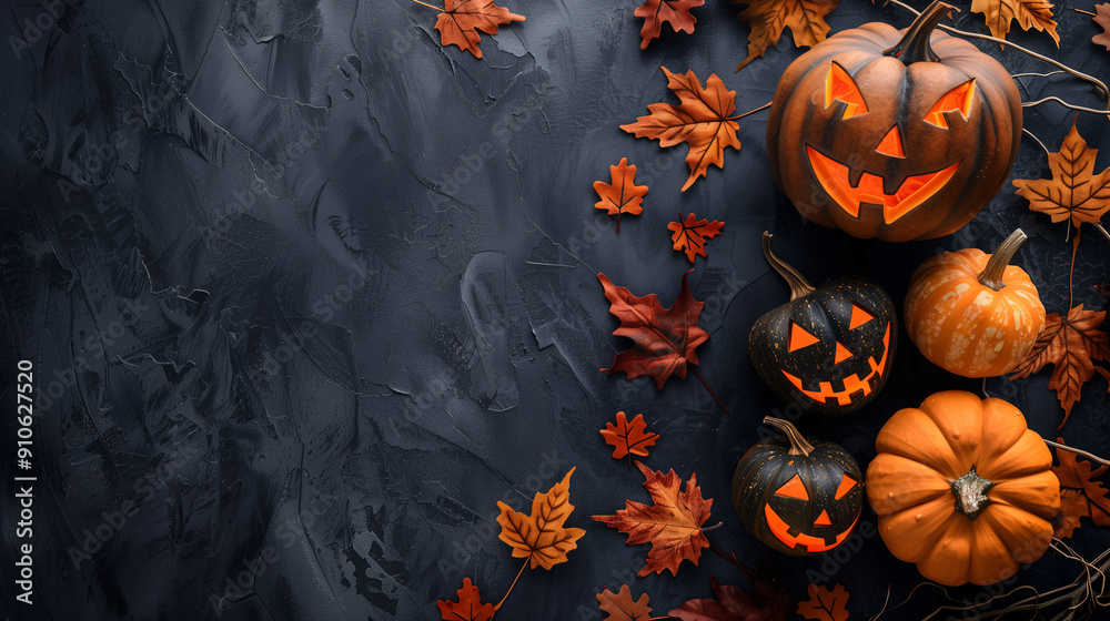 Halloween seasonal social media background design with copy space for text. jack-o'-lantern pumpkins and Halloween decorations in black and orange color tone. Halloween seasonal social media background design with copy space for text. jack-o'-lantern pumpkins and Halloween decorations in black and orange color tone.
