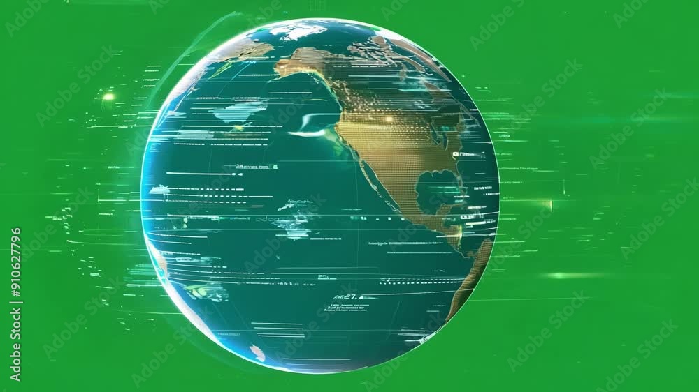 Digital globes pulsing with data about ocean currents and marine life in constant motion. Green screen chromakey