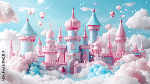 Fototapeta Naklejka Na Ścianę i Meble -  3D castle illustration in a blue and pink color. children cover book illustration