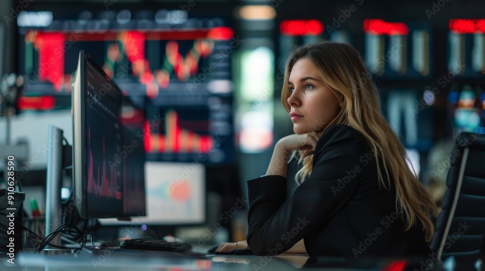 woman IN suit stressed watching a screen with negative and red Bollinger bands. concept, financial crisis, black monday woman IN suit stressed watching a screen with negative and red Bollinger bands. concept, financial crisis, black monday