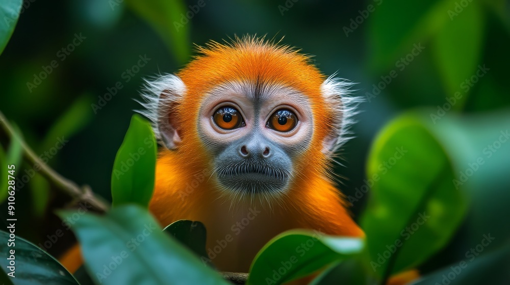 Fototapeta premium Golden langur monkey surrounded by lush green