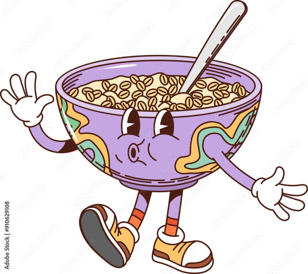 Oatmeal porridge retro groovy cartoon character. Isolated vector funky bowl personage with a cute, smiling face, , spoon and stylish sneakers, waving it hand and whistling in excitement emotion