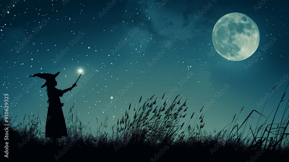 Halloween seasonal social media background design with copy space for text. A witch cast a magic spell under the moon at night in a haunted field in a dark green color tone. Halloween seasonal social media background design with copy space for text. A witch cast a magic spell under the moon at night in a haunted field in a dark green color tone.