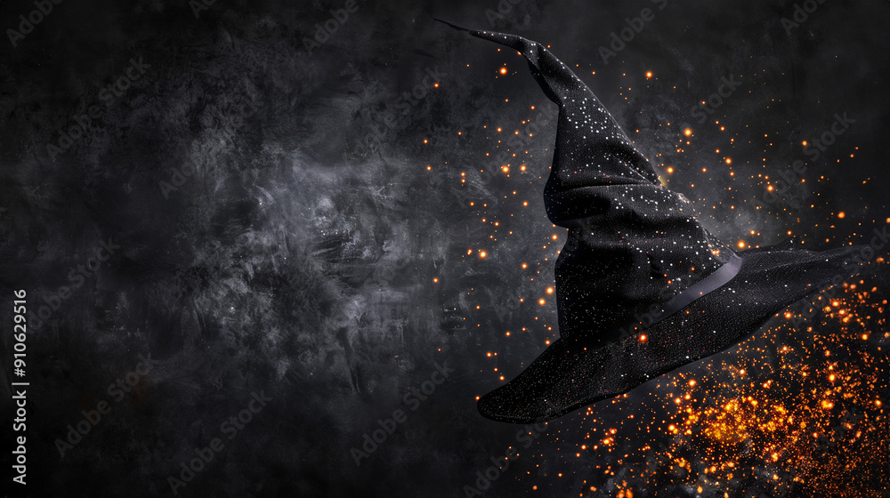 Fototapeta premium Halloween seasonal social media background design with copy space for text. A wizard hat with gold glitter magical sparkle casting around the hat placed on black plain background.