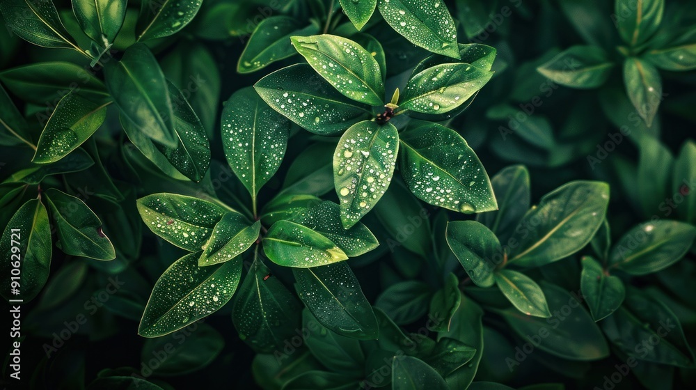 Turmeric leaves, fresh, green, covered with dewdrops, close-up view, morning, nature, vibrant foliage, spice harvest concept