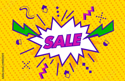 Retro Memphis speech bubble sale poster with comics boom, catchy explosion effect announcing irresistible discounts and deals. Vector promo car, eye-catching retro design for price off shopping event